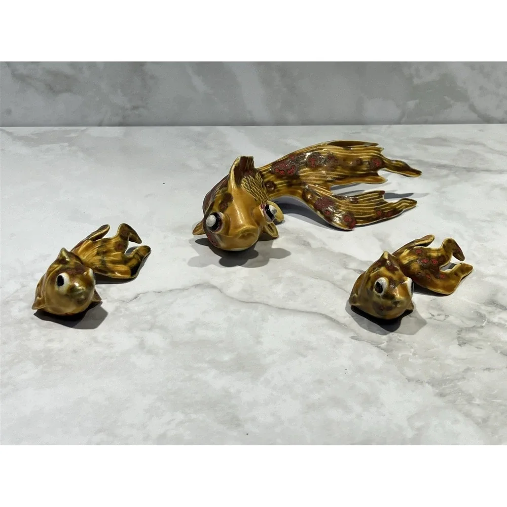 Set of 3 Koi Fish Ceramic Handcxrafted Gold Red Green Signed Irene Marosy